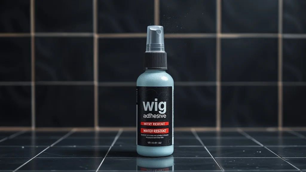 A bottle of wig adhesive with water droplets beading on its surface, illustrating water resistance