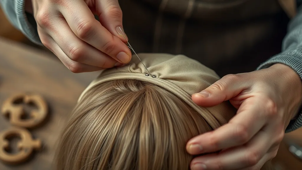 Hands sewing a new elastic band into an old wig cap