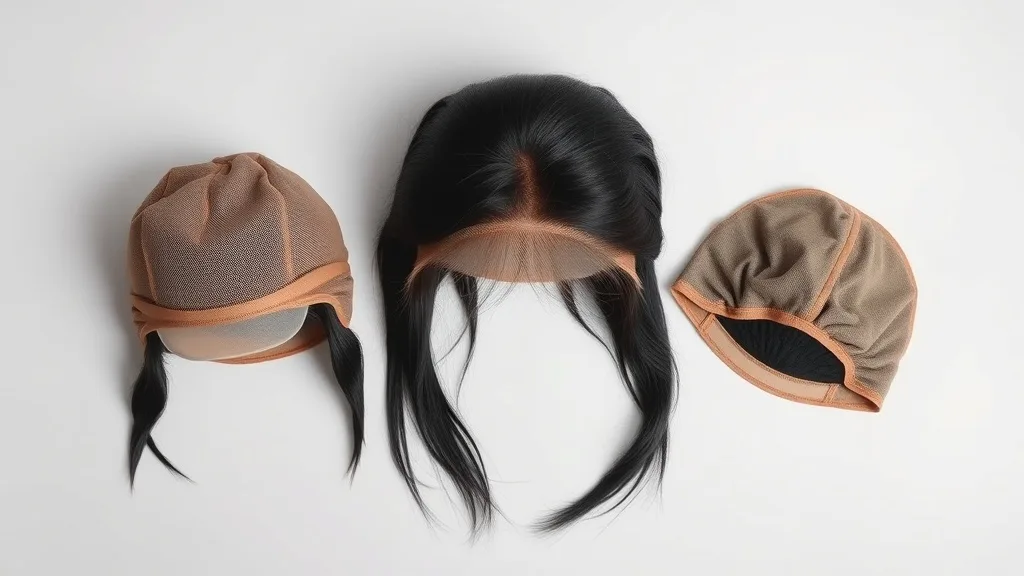 Three different wig caps laid flat: lace front, mono top, and full lace