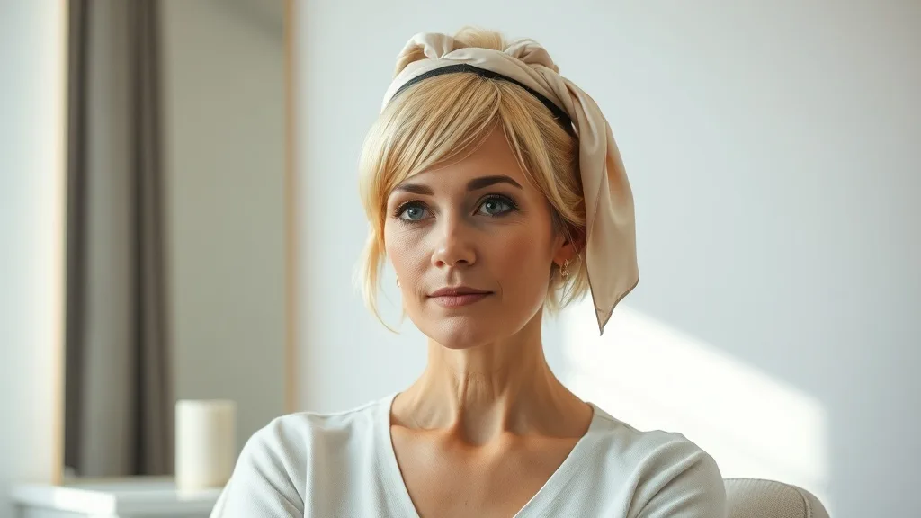 Woman wearing a wig with a scarf tied around her head to secure it