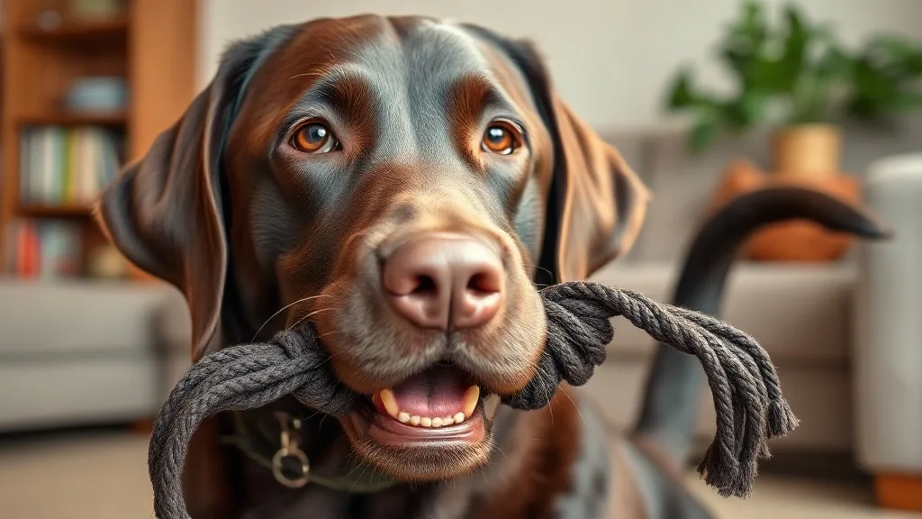 A happy Labrador retriever holding a wig in its mouth