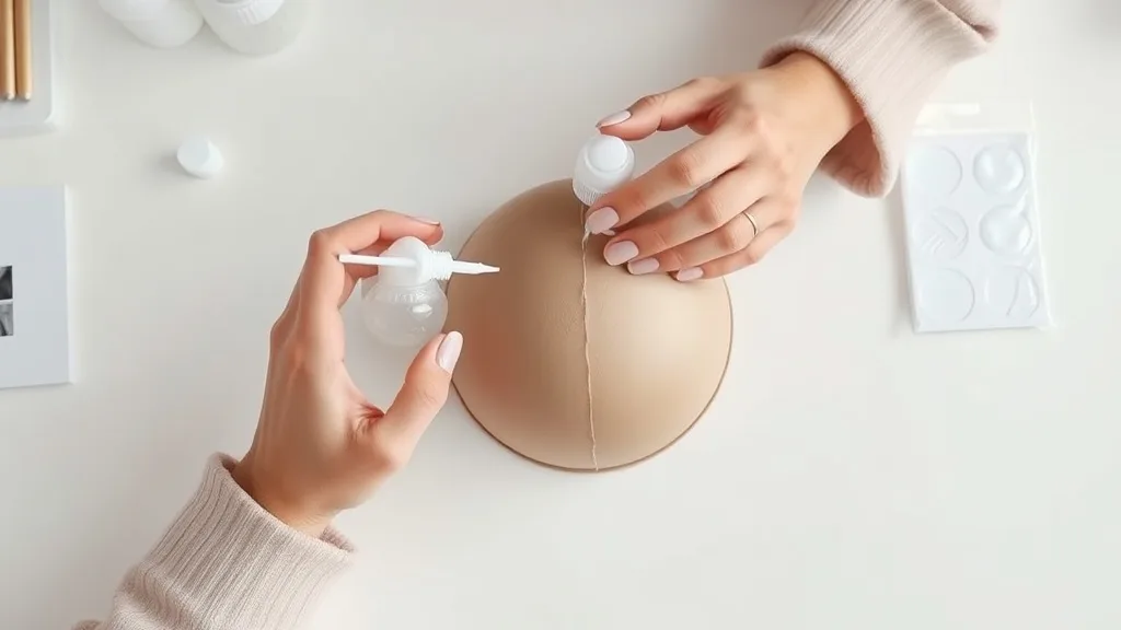 Woman applying liquid adhesive to wig cap