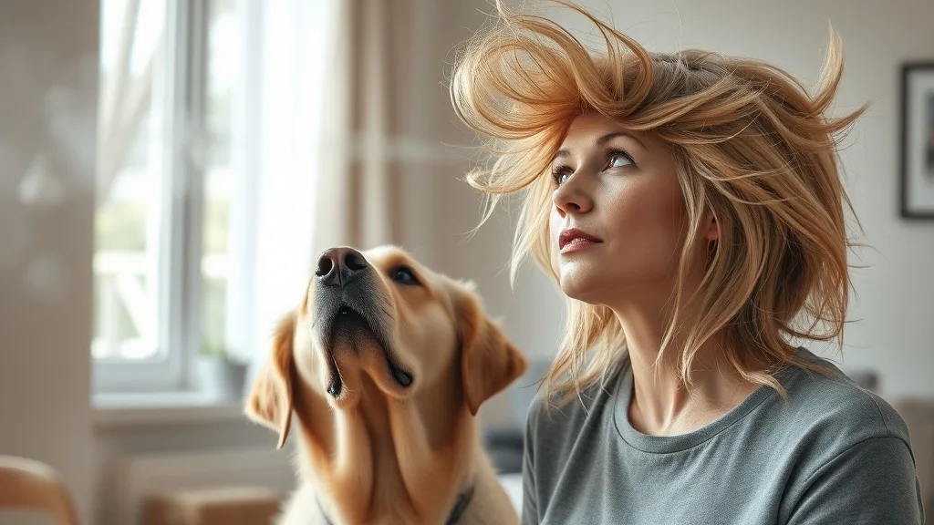 A woman with a wig flying off her head while a dog looks on