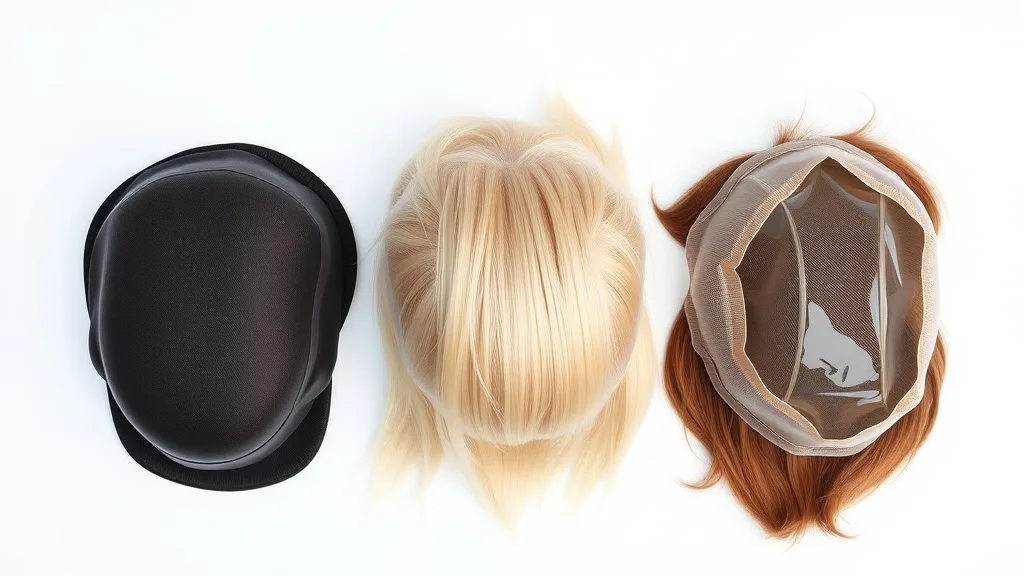 Three wig caps made of monofilament, lace, and silicone placed side by side on a white surface