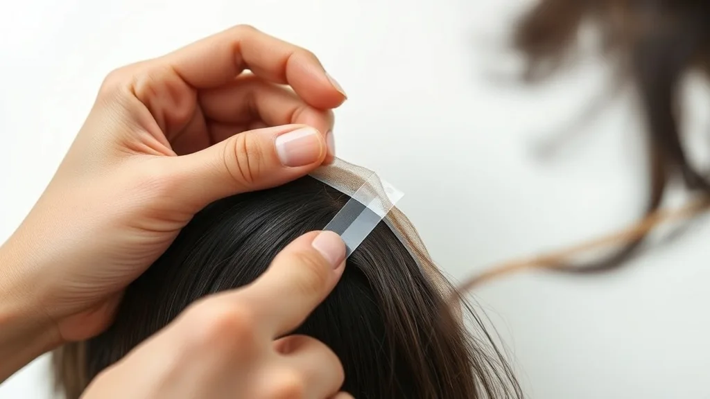 Close-up of hands applying double-sided wig tape to a lace front wig