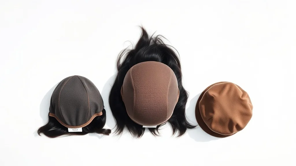 Three wig caps made of different materials: lace, monofilament, and silicone, displayed side by side
