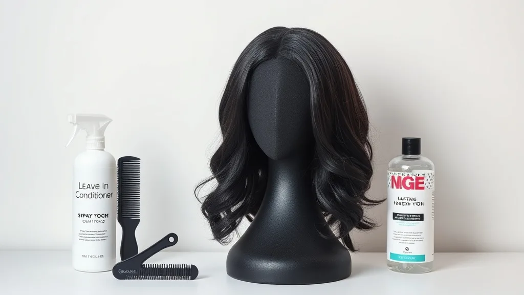 A wig on a foam stand next to a spray bottle, wide-tooth comb, and moisturizing shampoo