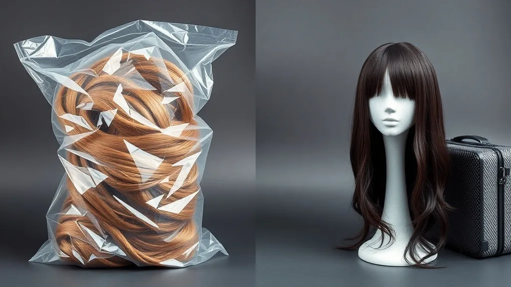 Comparison image showing a wig crumpled in a plastic bag next to a wig properly stored on a stand