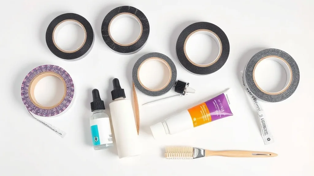 Assorted wig adhesive products including tapes, liquids, and glues on a white surface