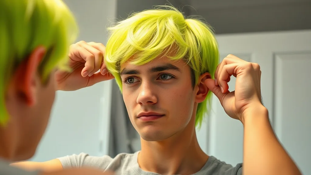 A man adjusting a neon green wig on his head, focusing on the elastic grip band.