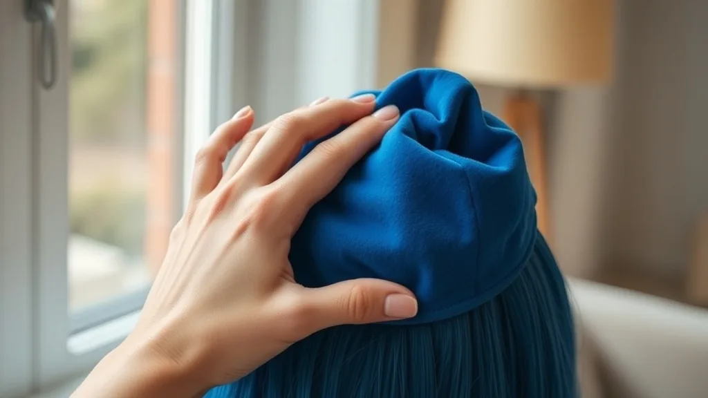 A person's fingers touching the soft velvet wig grip on the inside of a blue wig cap.
