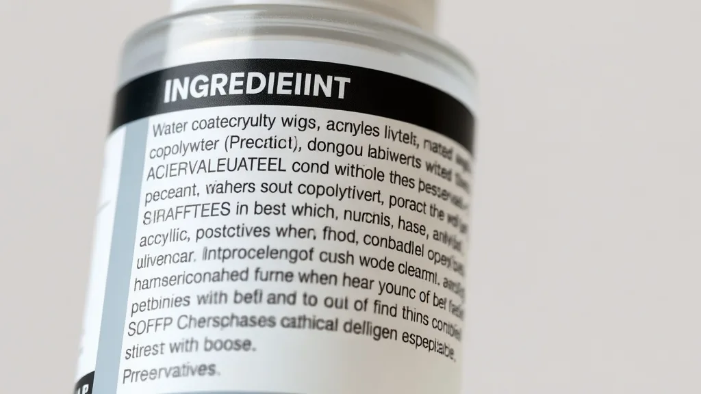 Close-up of a wig adhesive product label showing ingredients like water, acrylate copolymer, and preservatives
