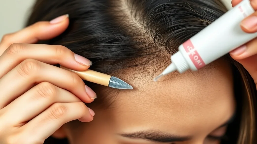 Woman applying wig adhesive to her scalp with a brush, focusing on the product tube and her hairline