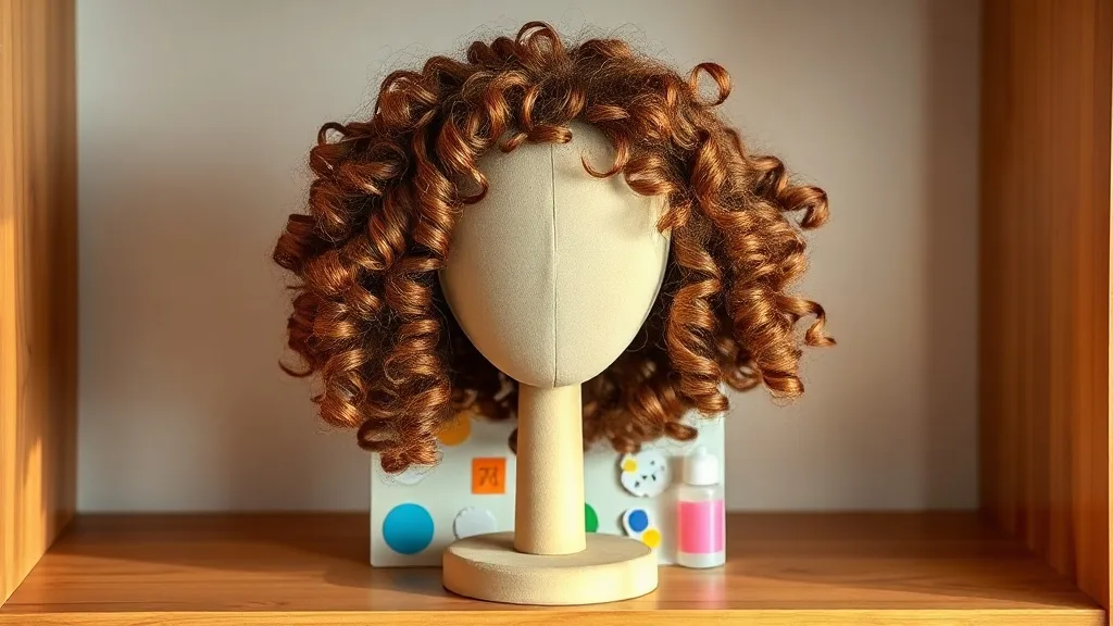 A curly brown wig resting on a colorful canvas wig stand with child-friendly decorations