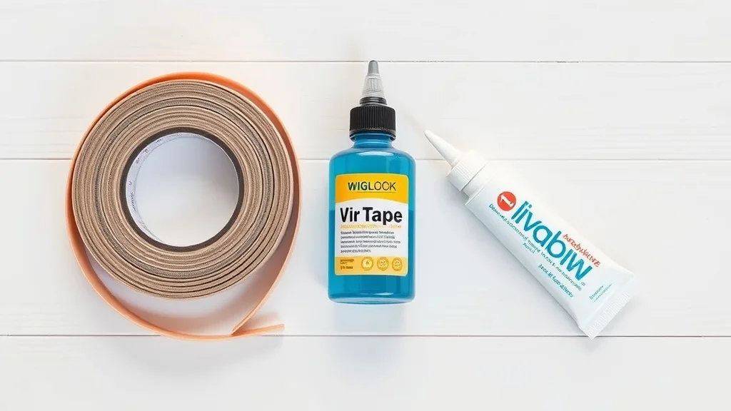 Three different types of wig adhesives displayed on a clean surface: a roll of tape, a bottle of liquid adhesive, and a tube of glue