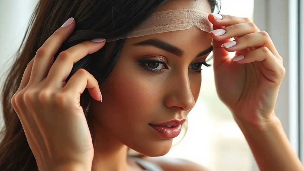 A woman gently pressing a lace front wig onto adhesive applied along her hairline
