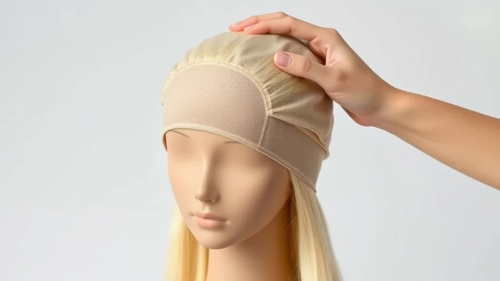 Hand placing a blonde wig over a wig cap on a mannequin head