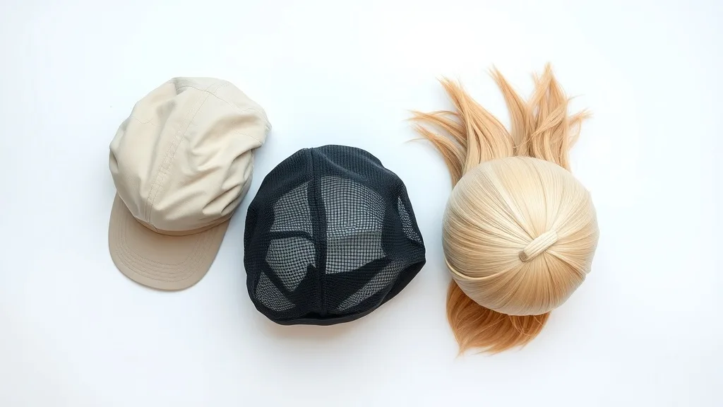 Three wig caps of different materials: nylon, mesh, and bamboo