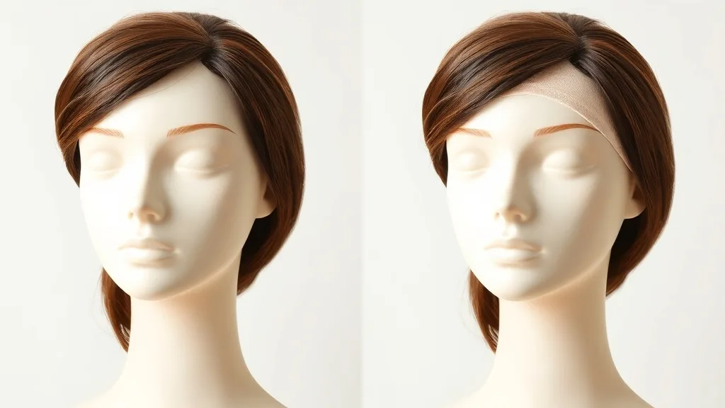 Side-by-side comparison of a wig on a mannequin: left without cap (showing bumps), right with cap (smooth)