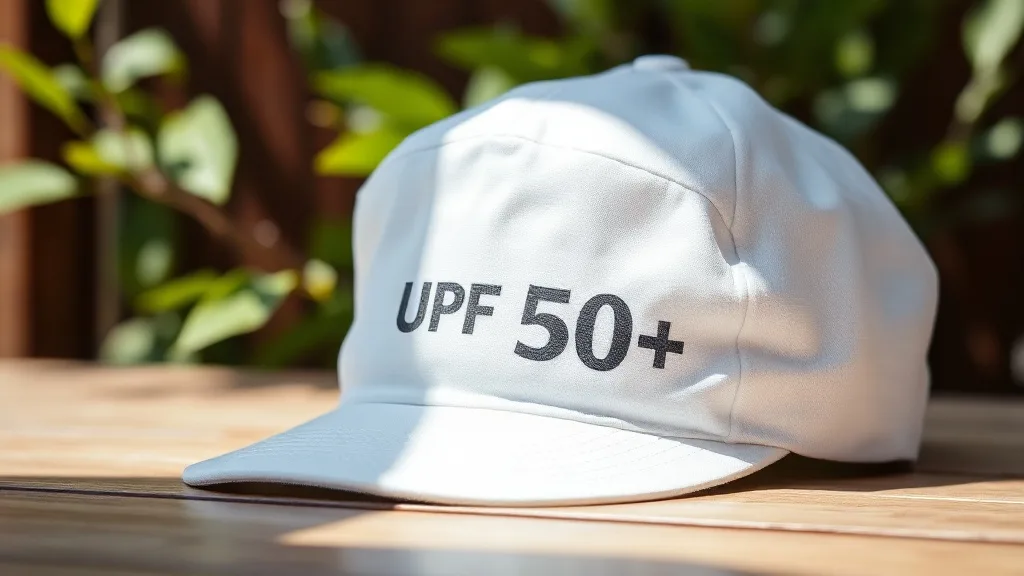 Close-up of a UPF 50+ labeled wig cap with sunlight symbol, outdoors