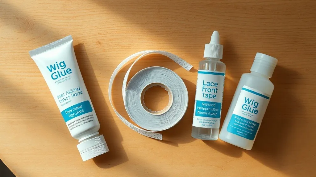 A collection of safe wig adhesives including glue, tape, and remover on a wooden table