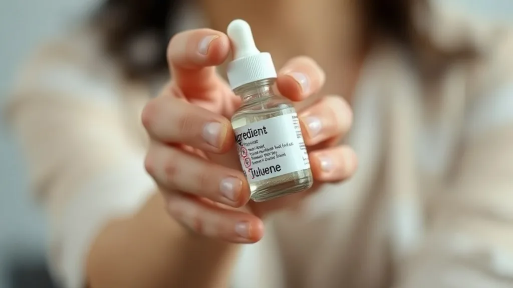 A person reading the ingredient list on a wig adhesive bottle, highlighting chemicals like latex and toluene