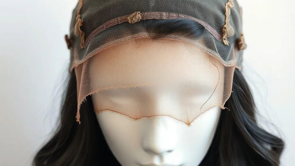 A close-up of a lace front wig with melted fibers and torn lace caused by using super glue