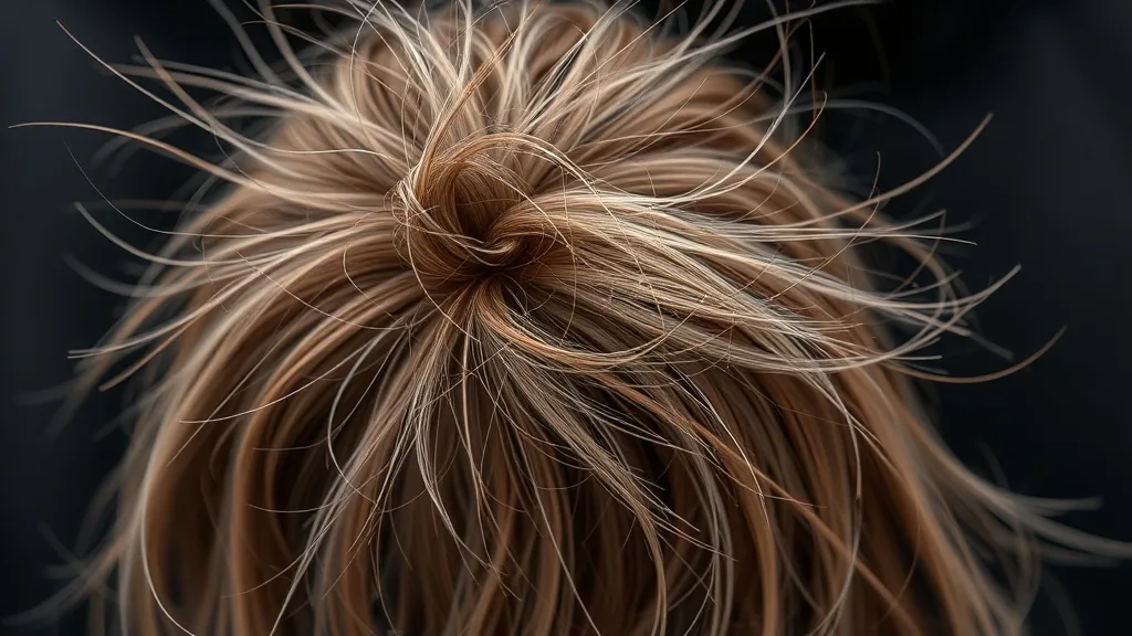 Close-up of a synthetic wig with strands flying up due to static electricity, showing frizz and flyaways.