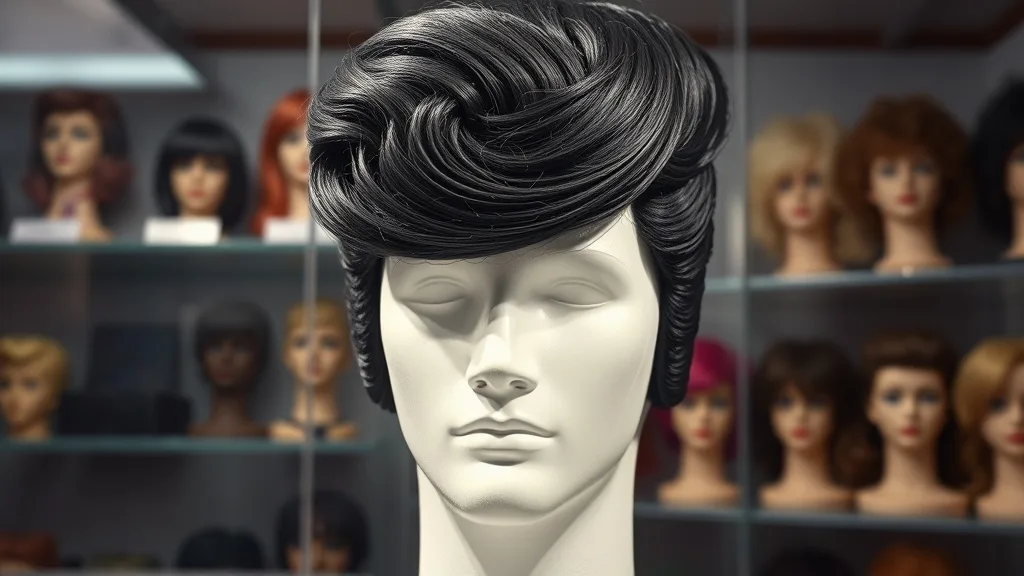 An Elvis-style pompadour wig replica displayed on a mannequin head