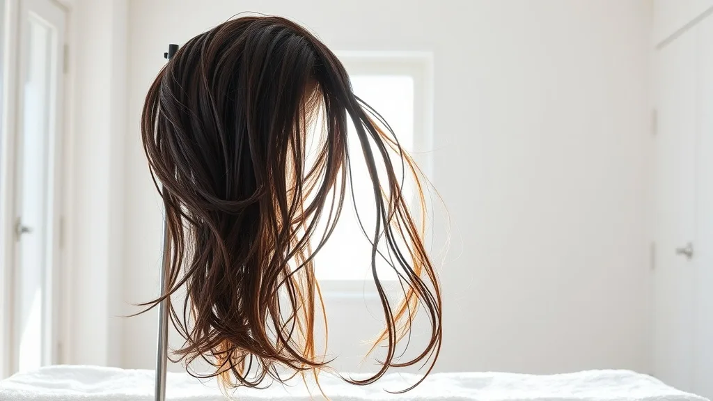 A dark brown wig drying on a stand in a well-ventilated room with natural light