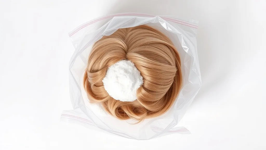 A wig inside a clear plastic bag with white baking soda powder visible at the corners