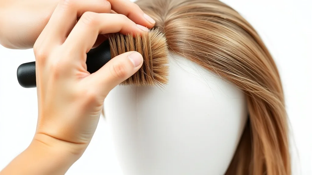 A wig stylist gently brushing a synthetic wig on a stand