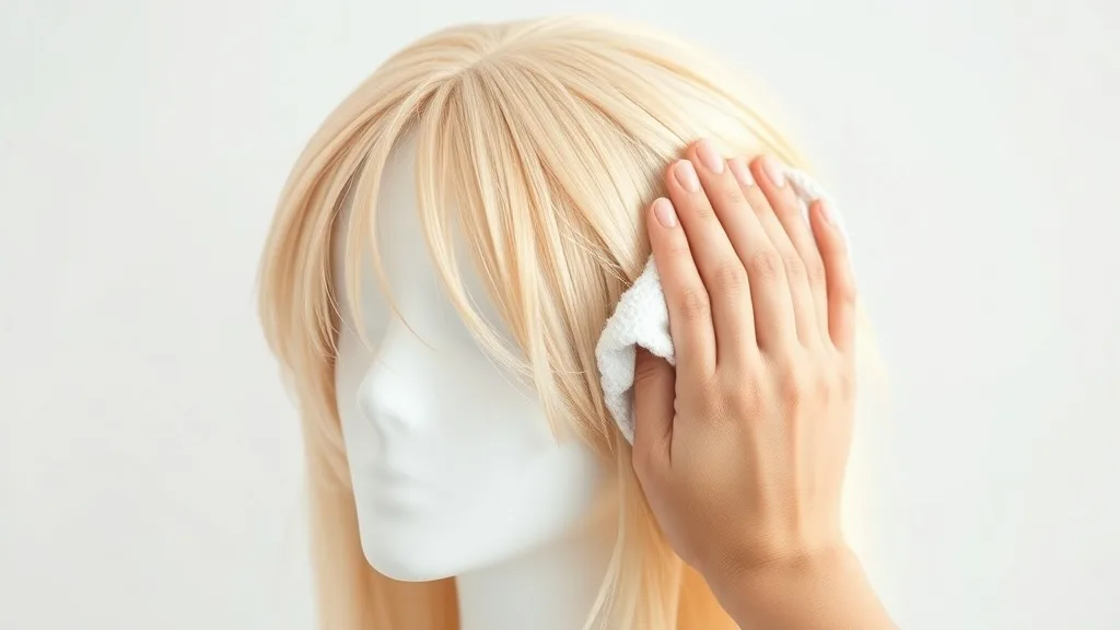 A wet wig being gently pressed with a white microfiber towel on a mannequin head, soft lighting, clean background