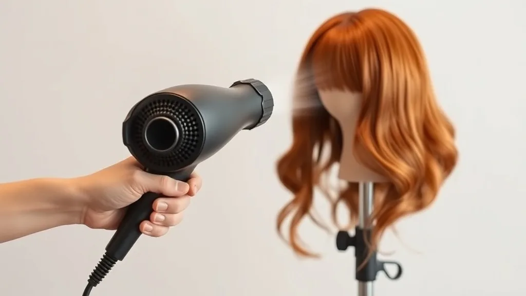 A blow dryer with a diffuser attachment being used on a wig at a low heat setting