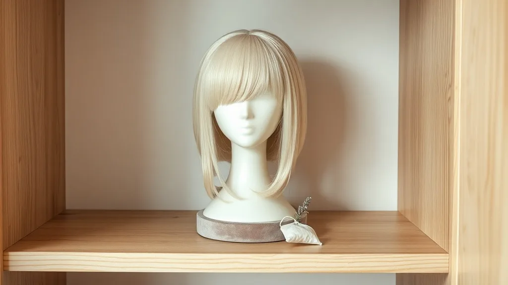 A wig on a velvet wig stand with a small lavender sachet next to it, on a shelf