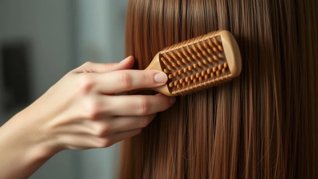 Close-up of hands using a looped wig brush to detangle a long brown wig on a stand