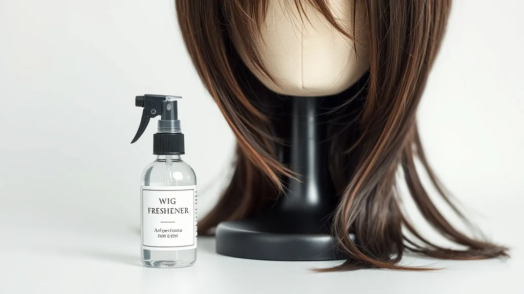 A wig on a mannequin head with a spray bottle labeled 'Wig Freshener' nearby on a white surface