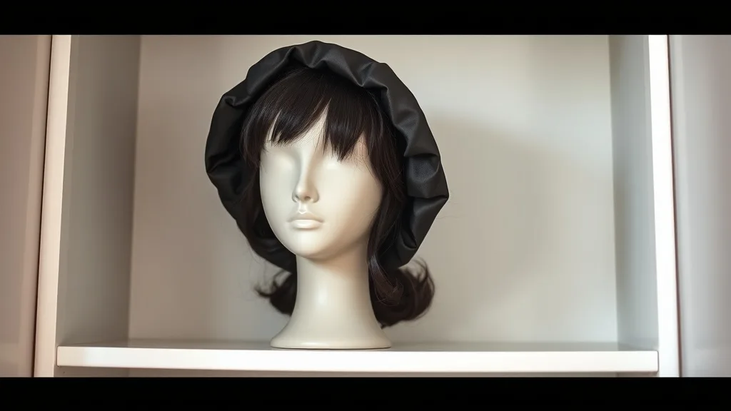 A satin bonnet placed over a wig on a mannequin head, demonstrating an alternative to pillowcases