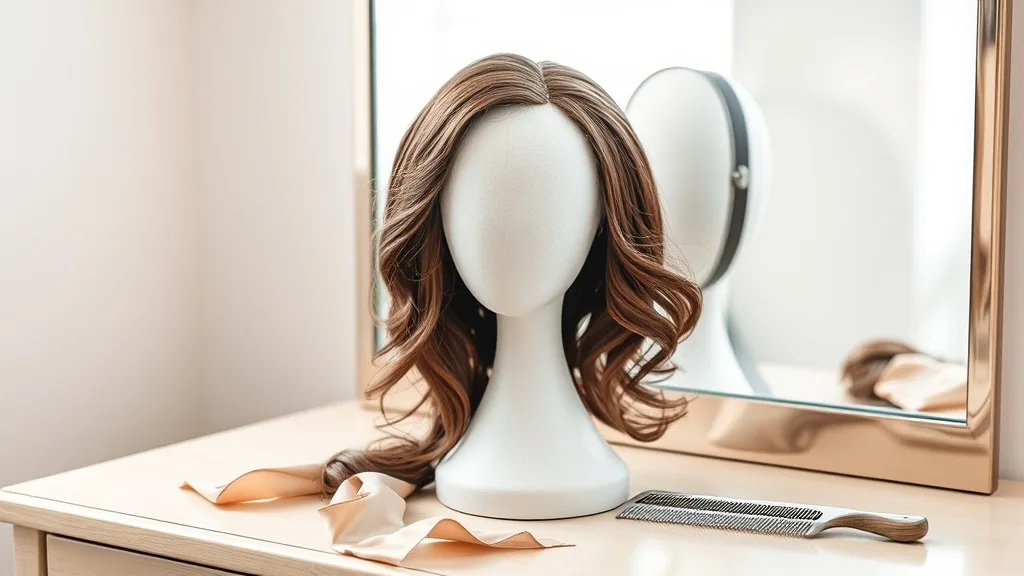 A wig placed on a mannequin head stand next to a silk scarf and a brush, illustrating proper nightly care