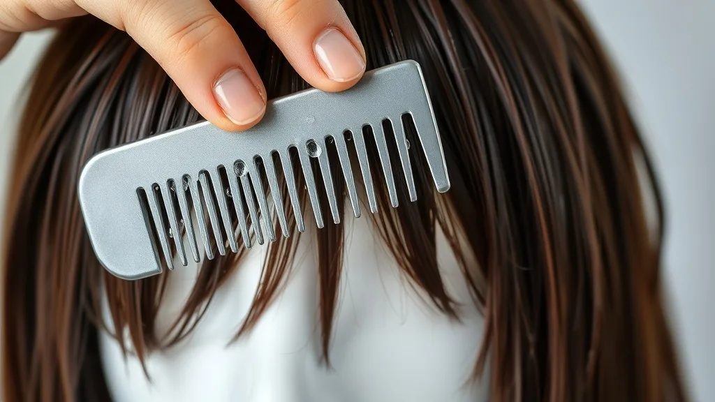 A wide-tooth comb being used to gently detangle a damp dark wig