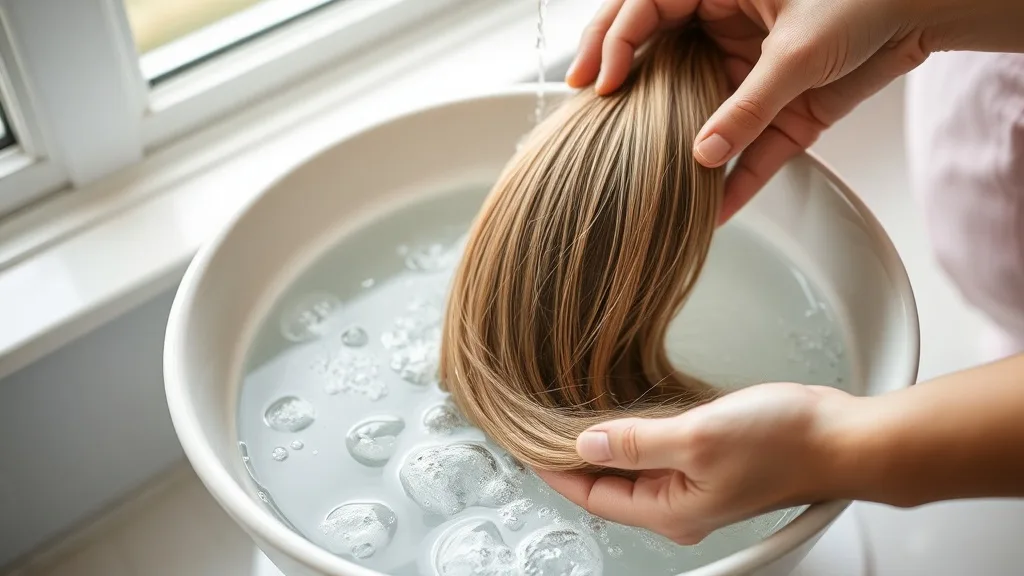 Hands gently washing a synthetic wig in a bowl of cool water with wig shampoo