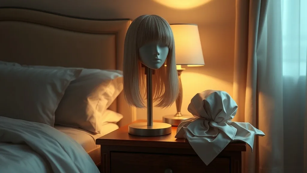Wig resting safely on a stand with satin bonnet on a nightstand