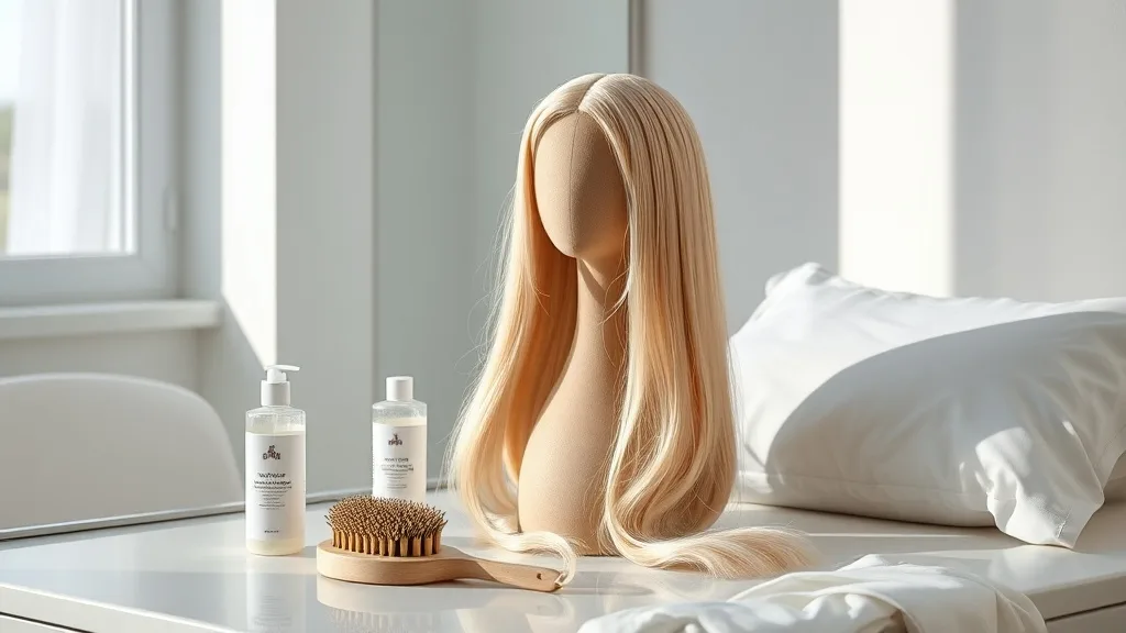 A beautiful wig on a stylish mannequin head with a wig brush and care products nearby on a clean vanity