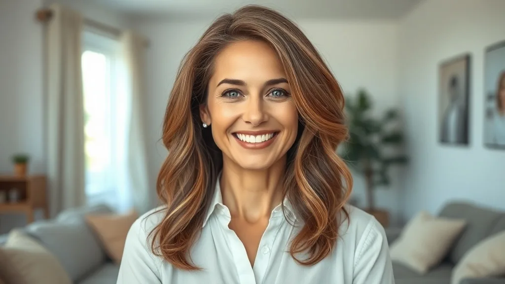 A woman wearing a natural-looking human hair wig with a lace front, smiling comfortably in a casual setting