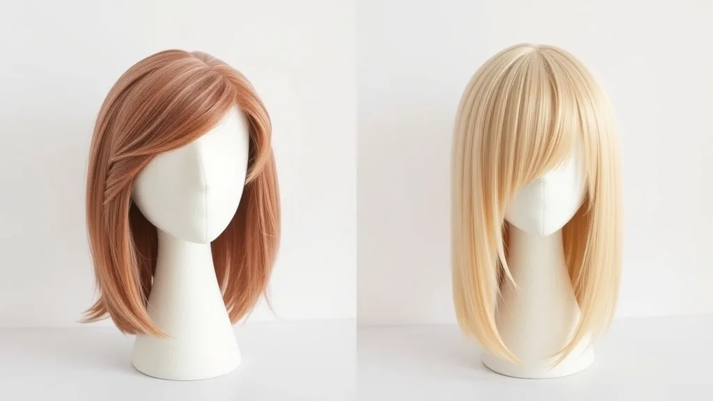Side by side comparison of a synthetic wig and a human hair wig on stands