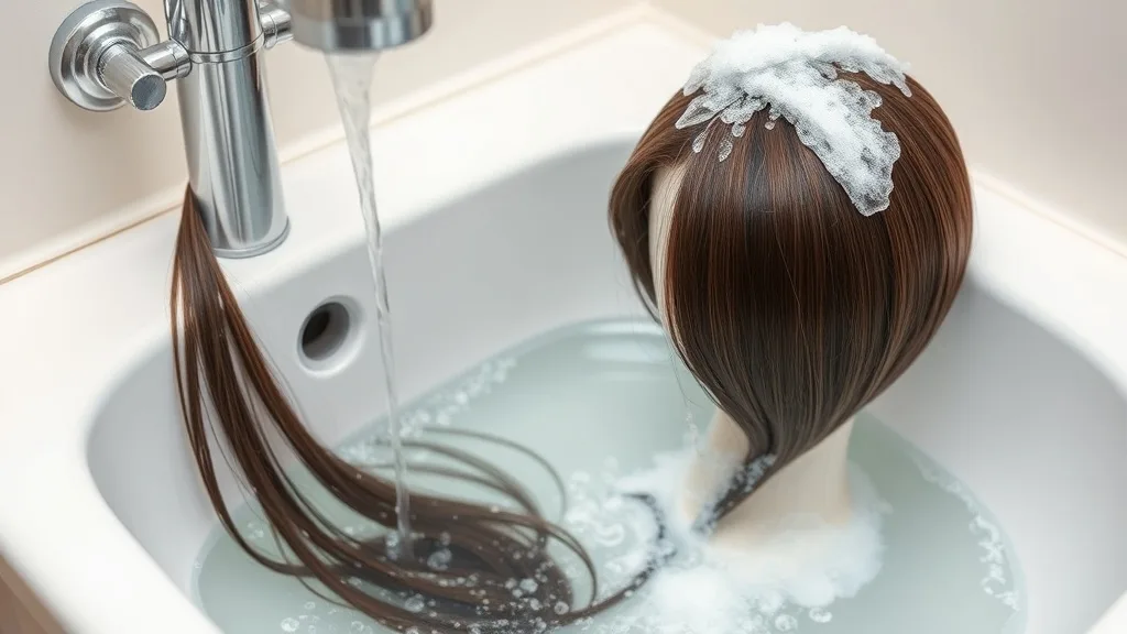 A wig placed on a wig stand being gently washed in a sink with cool water and shampoo