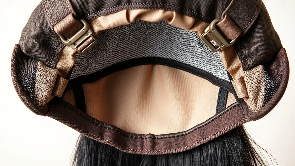 Close up of a wig cap showing the inner construction with adjustable straps and breathable mesh