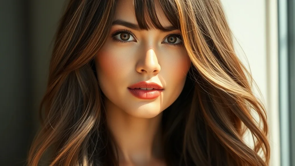 A woman with a natural-looking wig in a brunette shade, showing subtle highlights