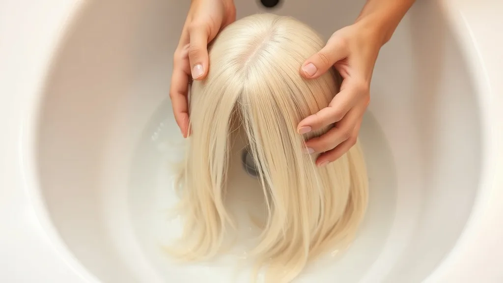 A person gently washing a blonde wig in a sink with lukewarm water, hands cupping the wig, clean background