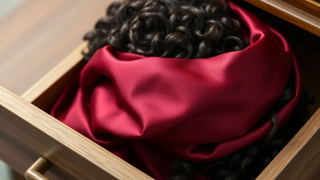A curly dark wig wrapped in a luxurious burgundy silk cloth, placed in an open drawer
